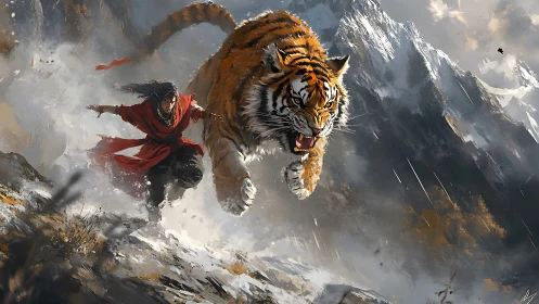Warrior and tiger charge through storm-swept mountain pass