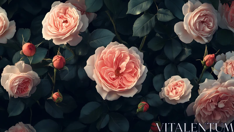 Garden Roses with Buds Against Dark Foliage