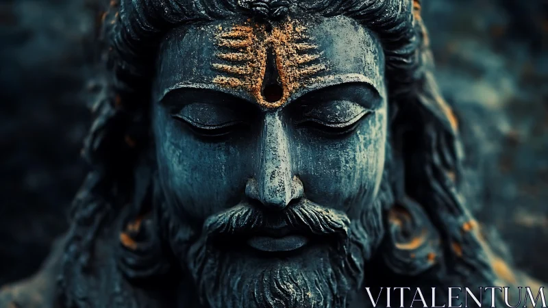 Stone deity portrait with serene meditative expression.