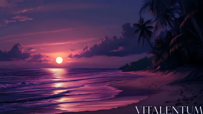 Crimson twilight sun over tranquil palm-fringed shoreline.