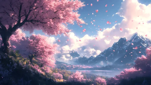 Blooming cherry valley unfolds beneath towering spring mountains