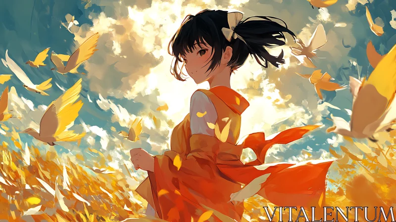 Girl in orange kimono amid golden birds and sky.