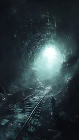 Cyberpunk tunnel vista with solitary figure on broken tracks.