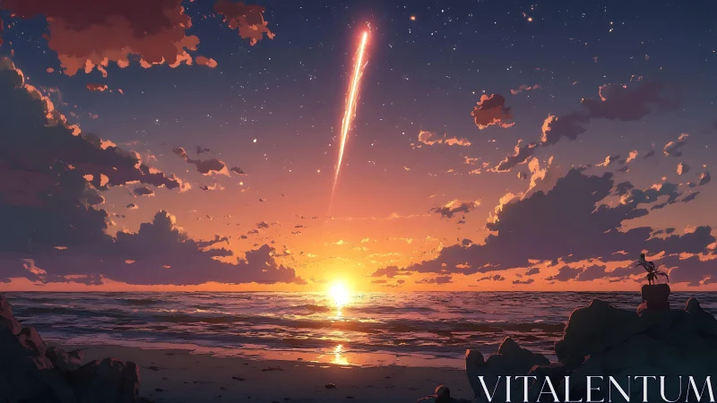 Gentle seaside sunset with a hopeful falling star overhead.