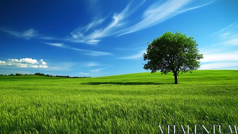 Solitary hilltop tree under sweeping cobalt summer sky.