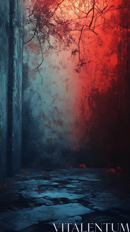 Bipolar corridor corner with fractured floor and red cyan lighting