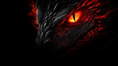 Infernal dragon close-up with glowing ember eye profile.