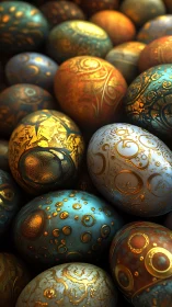 Metallic ornamental eggs with embossed filigree detailing.