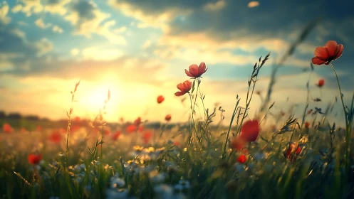 Wildflower meadow glows under low golden sunset sky.