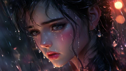 Specular-lit wet portrait with high-fidelity raindrop rendering.