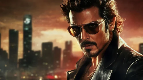 Brooding urban antihero in leather under fiery skyline.