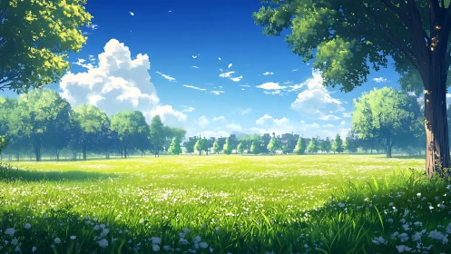 Sunlit park meadow opens to a tranquil distant city skyline