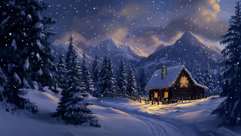Cozy winter cabin glowing softly in a peaceful snowy forest.