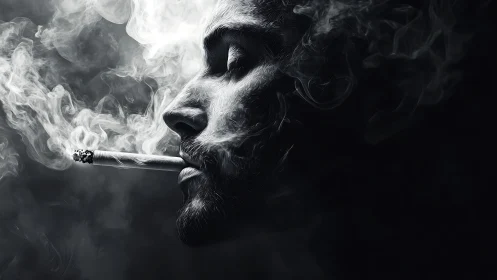 Monochrome profile portrait with dramatic smoke rendering.