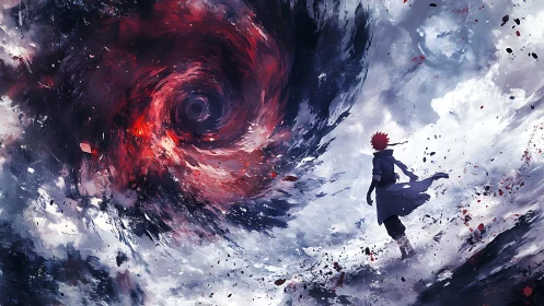 Stormwalker strides toward crimson cosmic vortex horizon.