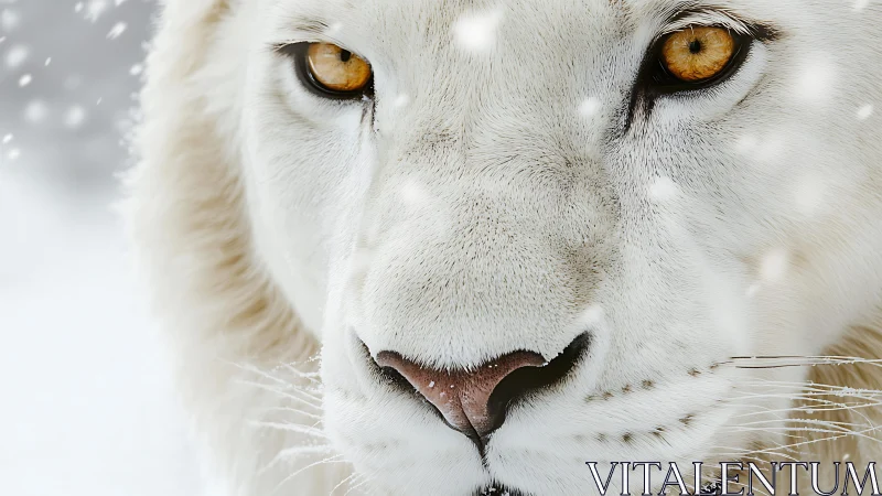Macro portrait isolates white lion face in soft arctic snowfall