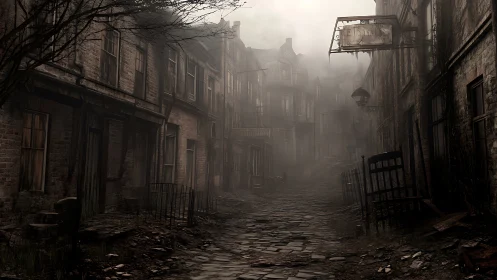 Fog-drenched abandoned street fades into eerie silence.