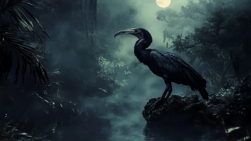 Dark Heron in Moonlit Swamp Environment