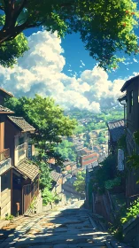 Sunlit hillside street overlooks distant townscape