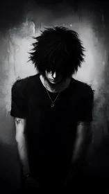 Shadowed quiet boy in monochrome light and soft gloom.