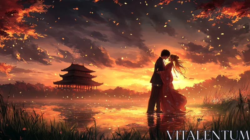 Sunset sparks whirl around lovers on a mirrored autumn lake