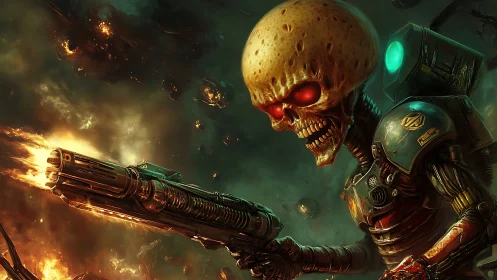 Skull-faced space warrior blazing through a fiery cosmic storm.