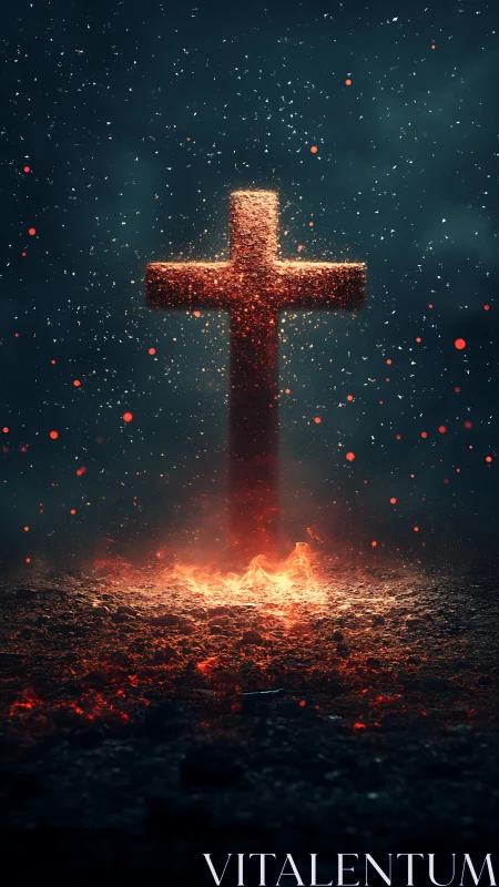 Glowing cross rises from embers in a moody night sky