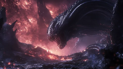 Colossal alien serpent dominates a molten, backlit inferno