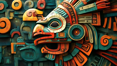 Vibrant Aztec-style bird relief glows with carved geometry