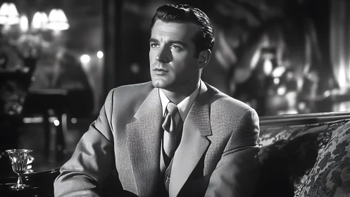 Studio-lit noir portrait isolates suited man with cinematic chiaroscuro