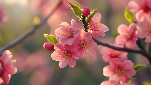 Pink Peach Blossoms on Branches at Blooming Stage