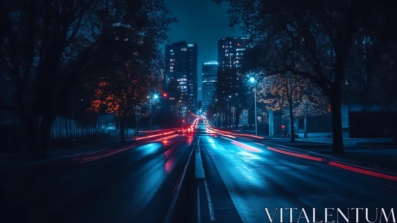 Urban roadway at night with light trails and high-rises.