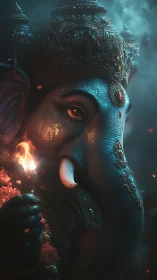 Elephant-headed deity statue with ornate crown and torch.