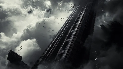 Collapsing skyscraper against storm clouds in dark sky.