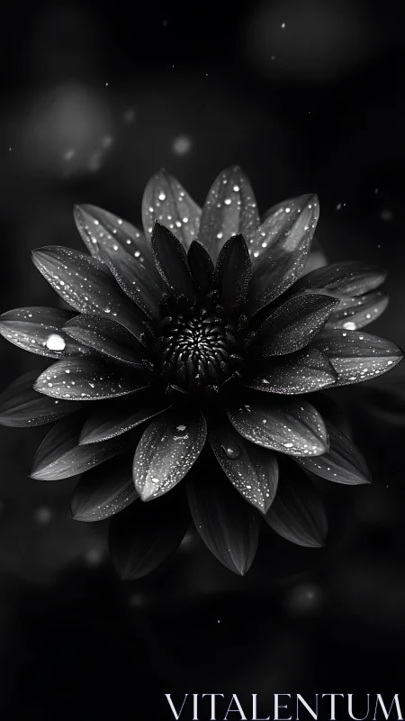 Black and white lotus flower with water droplet refraction and bokeh background