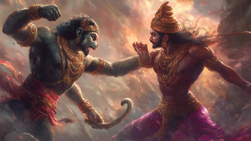 Mythic warriors clash in intense fantasy battle scene.