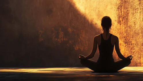 Sunlit yoga meditation silhouette in warm studio glow.