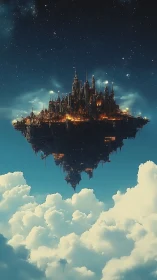 Starlit floating city glows gently above soft daylight clouds