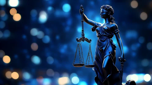 Blindfolded Lady Justice statue with scales on blue bokeh.