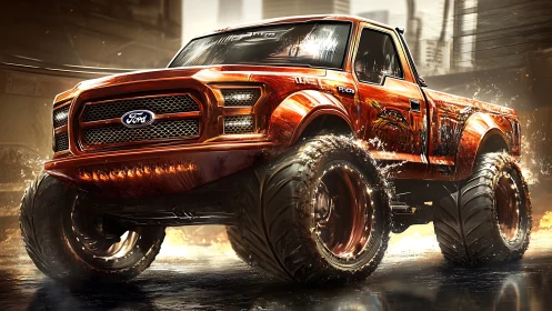 Molten city monster truck roaring through glowing streets.
