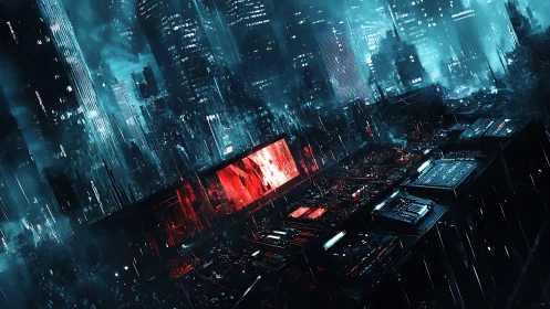 Cyberpunk control nexus inside neon-soaked dystopian city.