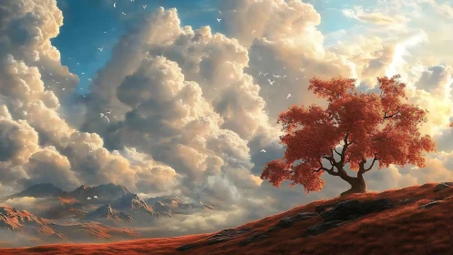 Solitary red tree stands before dense cloud formations