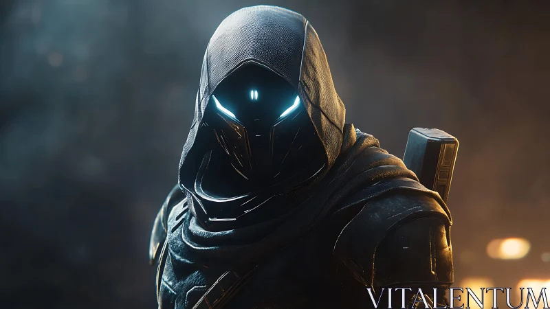 Neon hooded sentinel with glowing visor in stormy dusk.