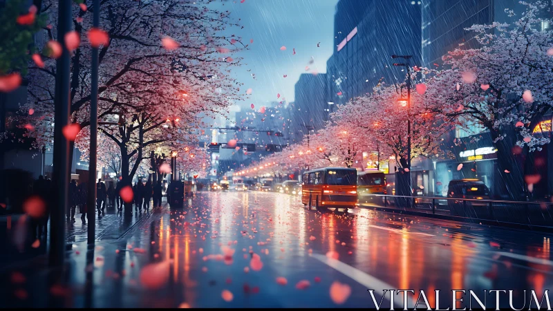 Rain-soaked sakura boulevard with city buses at blue hour
