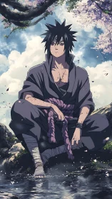 Brooding anime warrior resting beside tranquil stream.