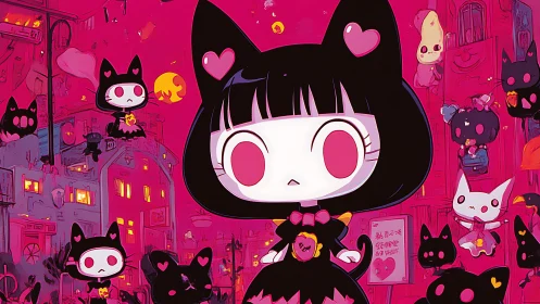 Gothic chibi cat girl amid neon pink kawaii ghosts.