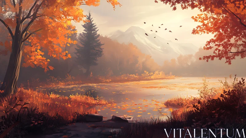 Digital painting of luminous autumn lake with distant peaks.