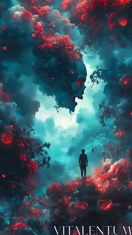 Silhouette confronting nebular skull within cyan and crimson storm
