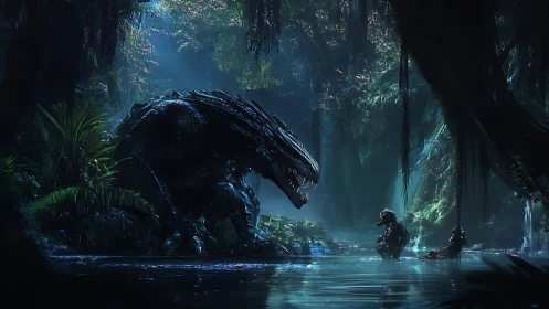 Colossal swamp dragon confronts intruders in eerie moonlit mist