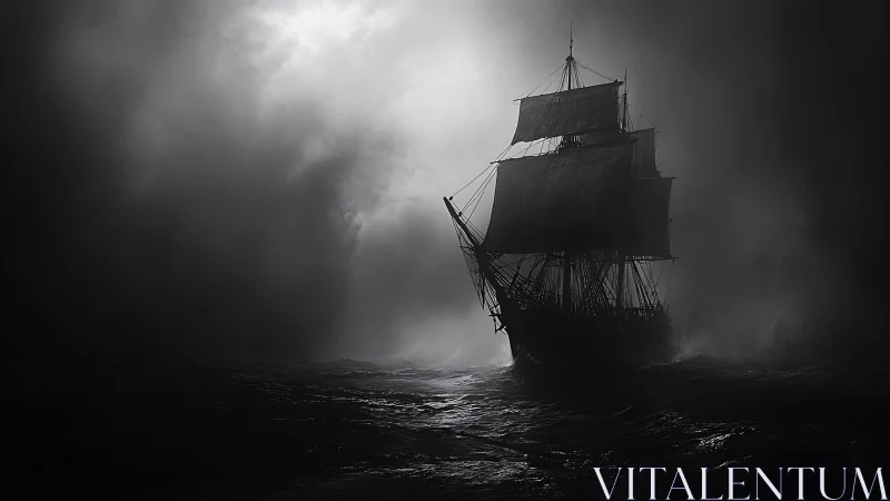 Square-rigged tall ship emerging from high-contrast sea fog.